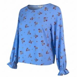 H&M Floral Patterned Viscose Button Back Blouse Corleone Blue Round Neck Size  2